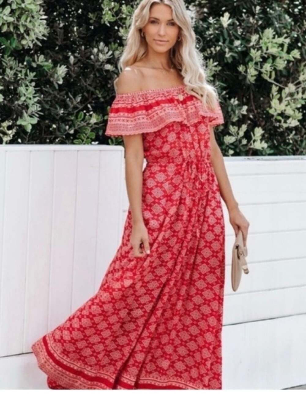 Talisman Goddess Maxi Dress Red White Geometric Print Size L